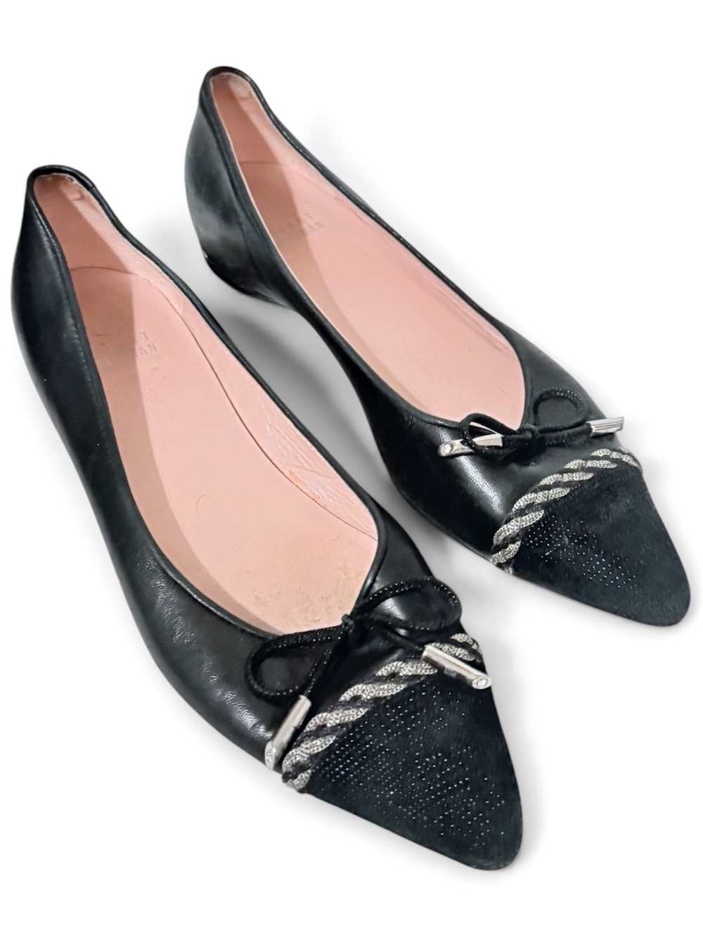 Stuart Weitzman Black Pointed-Toe Flats with Silver Braid